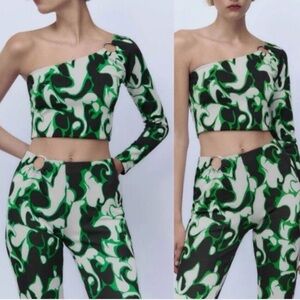 Green print one shoulder crop top